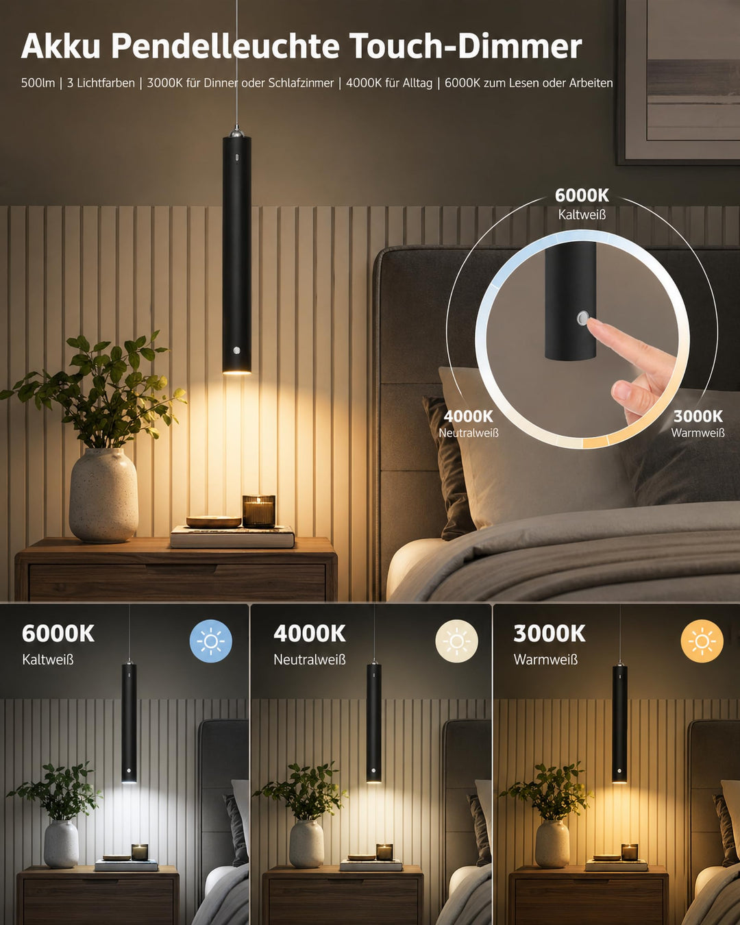 Akku Pendelleuchte Schwarz Touch dimmbar 3 Lichtfarben 500 lm - Bild 5