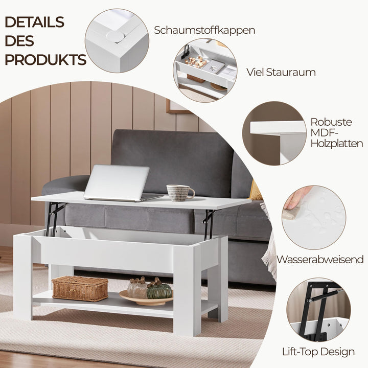 Couchtisch höhenverstellbar Weiss Lift-Top mit Stauraum 98x50cm - Bild 6