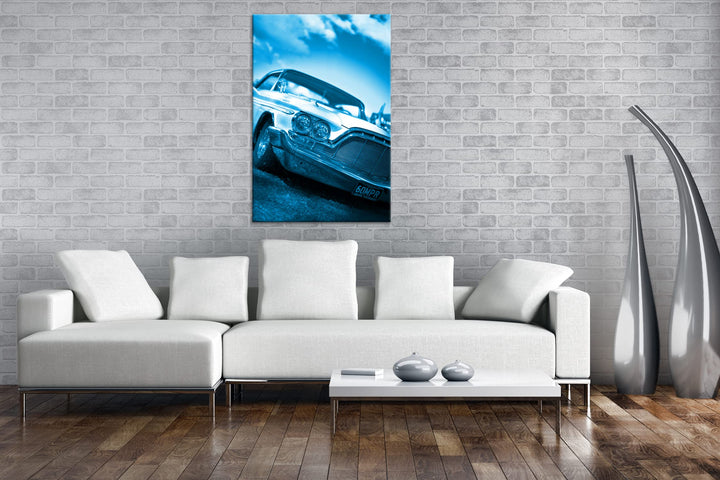 Leinwandbild Oldtimer Auto Monochrom Blau 80x60 cm Echtholzrahmen - Bild 2