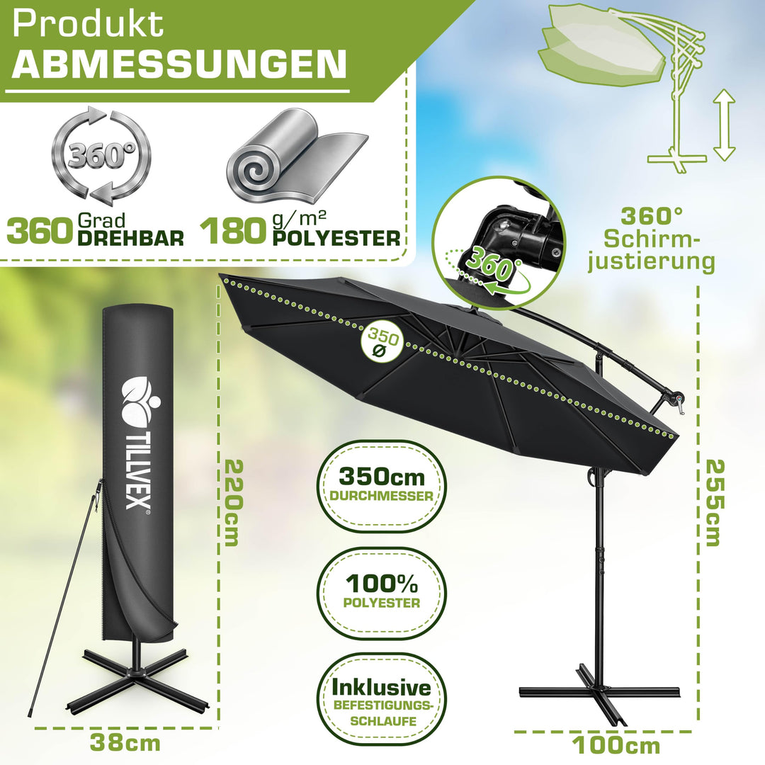 Ampelschirm Ø 300 cm Aluminium UPF 50+ mit Kurbel &amp; Abdeckung - Bild 2