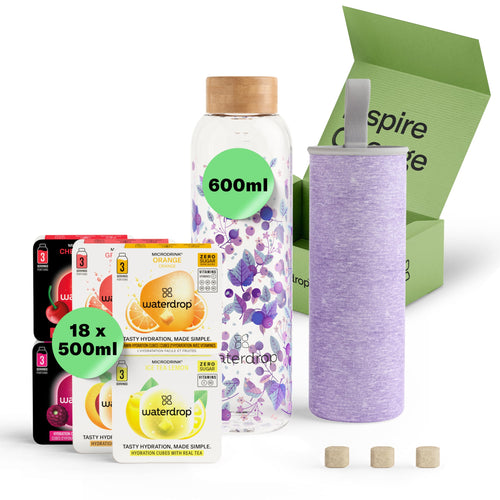 Trinkflasche Glas 600ml mit 18 Microdrinks zuckerfrei Starter-Set