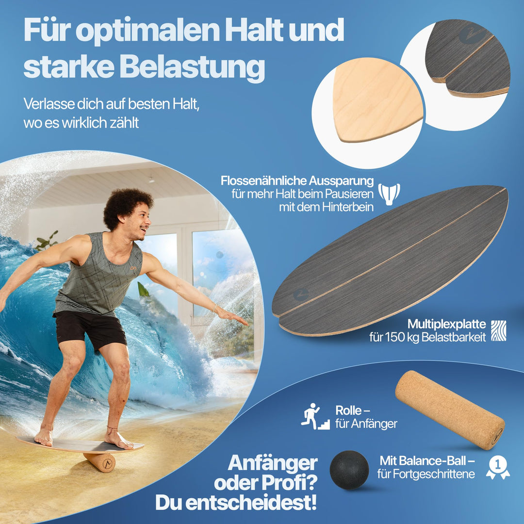 Balance Board Holz mit Korkrolle, Halterung und Trainingsball Stone Grey - Bild 6