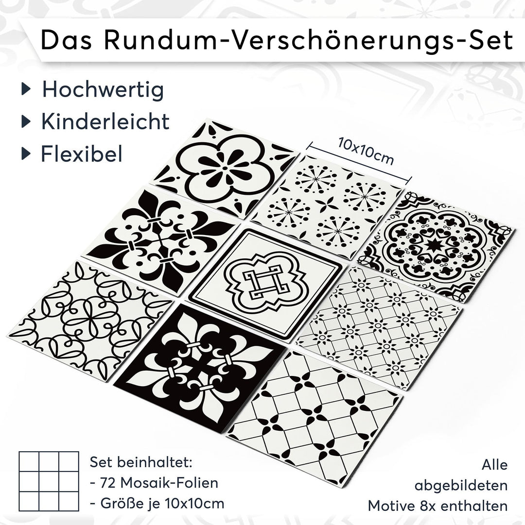 Fliesensticker Mosaik Schwarz-Weiss Vinyl selbstklebend 72er-Set 10x10 cm - Bild 7