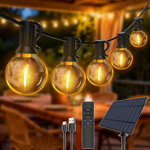 Solar Lichterkette Aussen 30m 52 G40 LED Birnen mit Fernbedienung