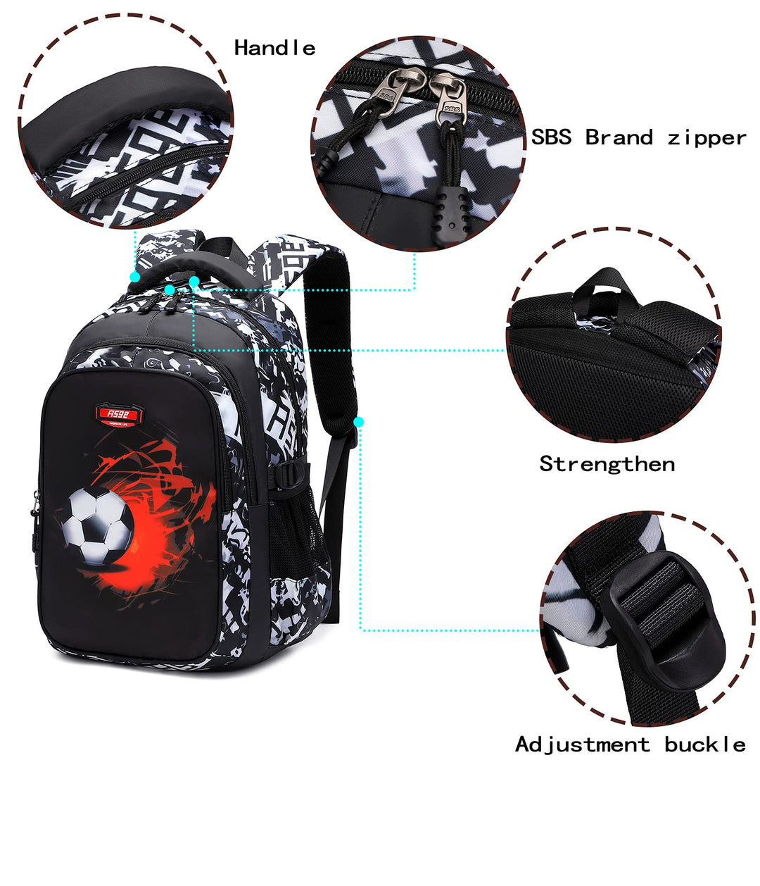 Schulrucksack Fussball-Design Nylon 46x30x22cm für 8-15 Jahre - Bild 3