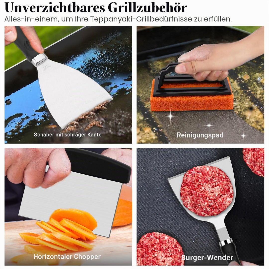 Grillbesteck Set 27-tlg Edelstahl Plancha BBQ mit Burgerpresse - Bild 6
