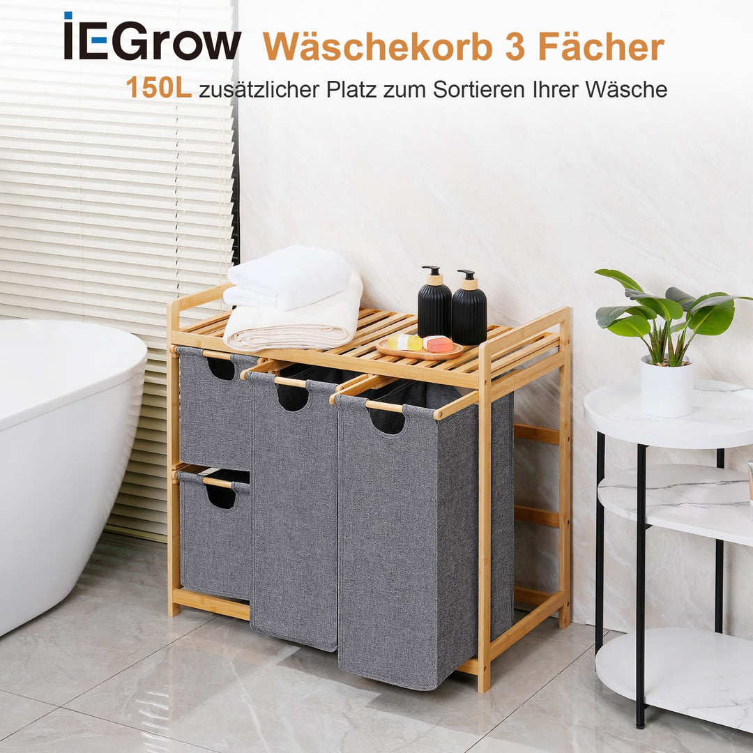 Wäschekorb 4 Fächer Bambus 150L mit Ablage und Rollen - Bild 2