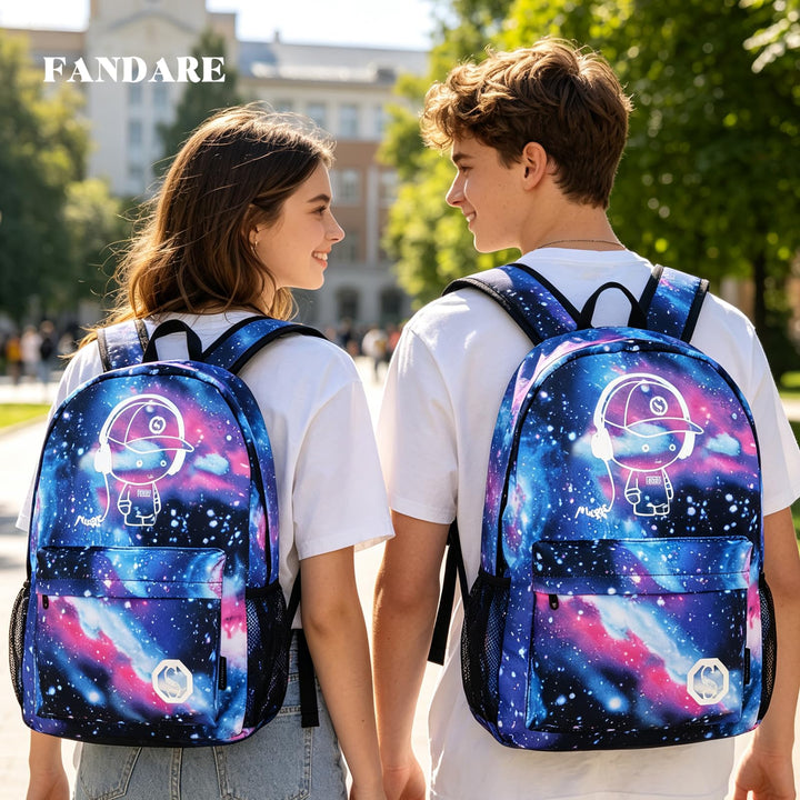 Schulrucksack mit USB-Ladeanschluss Galaxy-Muster Polyester Blau - Bild 2
