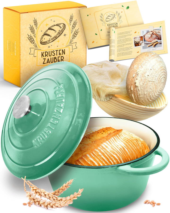 Brotbacktopf Gusseisen emailliert 26 cm mit Gärkorb Rattan