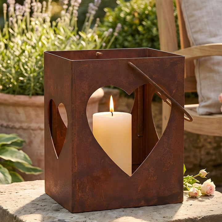 Windlicht Herz Eisen Rostoptik 28 cm mit Glas und Henkel