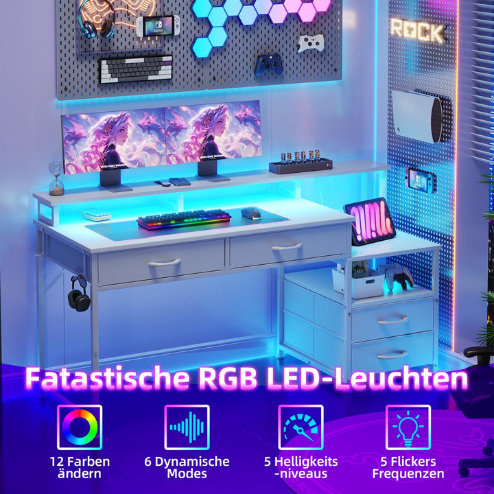 Schreibtisch mit Schubladen, LED, Steckdose &amp; Monitoraufsatz, Weiss