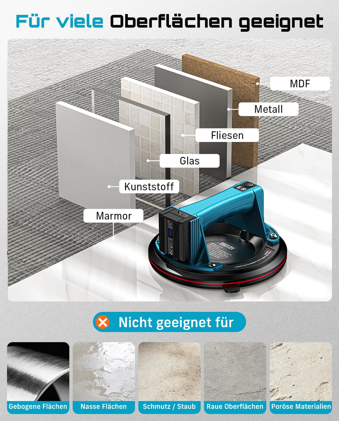 Akku-Vakuumsaugheber 2er-Set 272 kg Tragkraft mit LCD für Fliesen - Bild 6