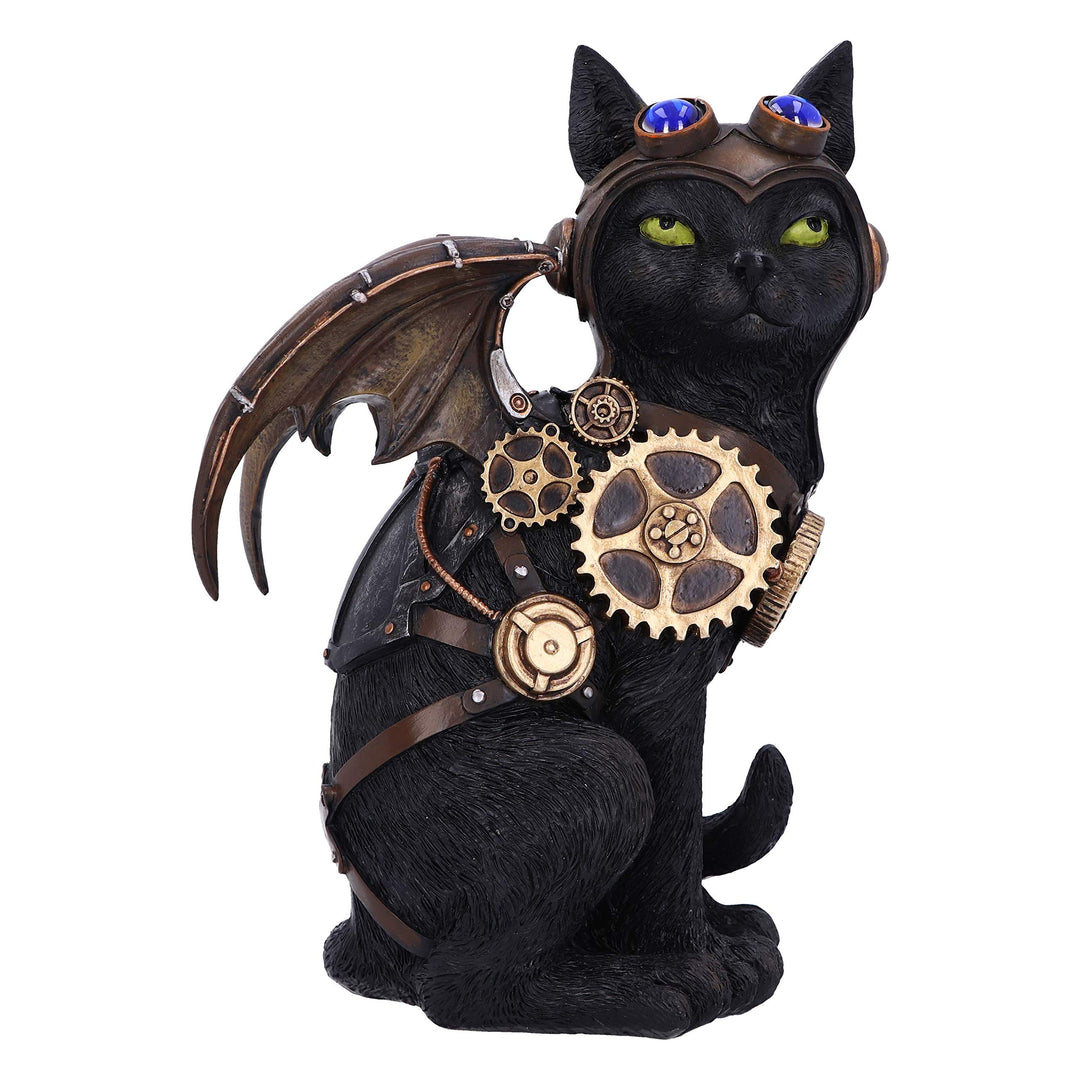 Steampunk Katzenfigur Pilot mit Flügeln Harz handbemalt 22,7 cm