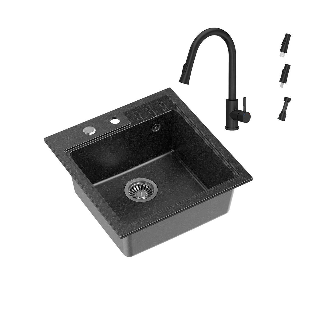 Einbauspüle Granit Schwarz 52x50 cm mit Armatur und Siphon