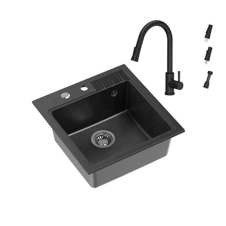Einbauspüle Granit Schwarz 52x50 cm mit Armatur und Siphon