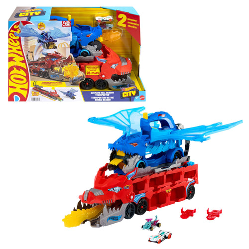 Spielzeug-Drachentransporter 2-in-1 mit Rennstrecke und 2 Autos