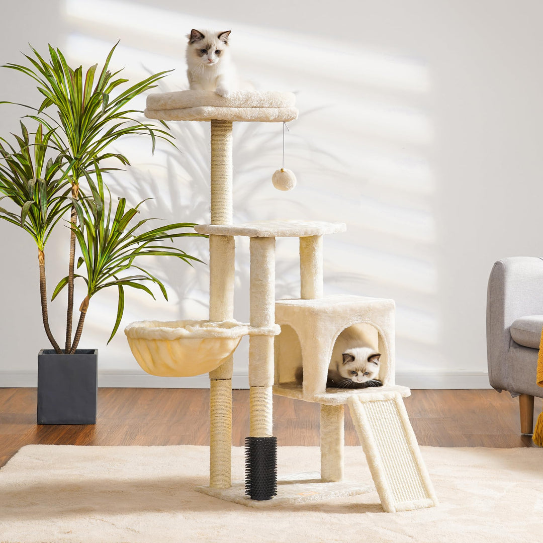 Kratzbaum mit Katzenbürste Korb und Plüsch-Sitzstange beige - Bild 2