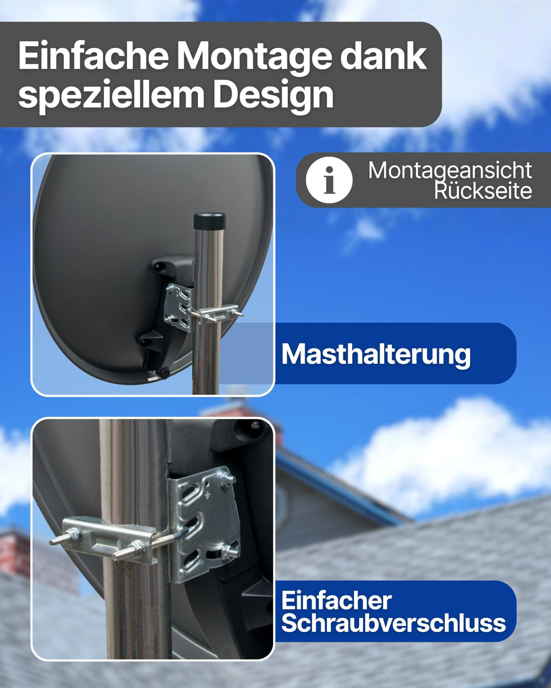 Satellitenschüssel Komplettset Stahl Ø 60 cm anthrazit für 2 Receiver - Bild 4