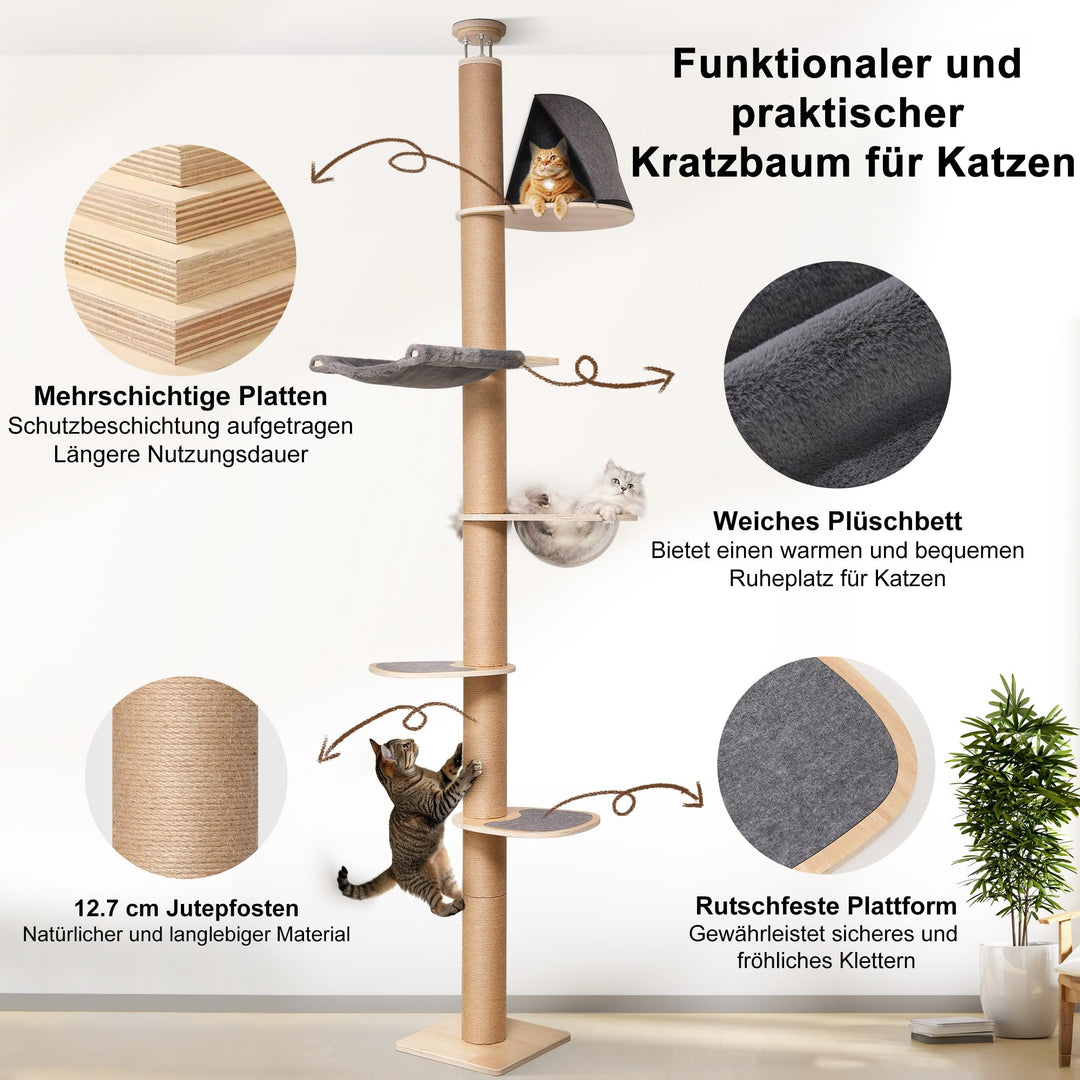 Katzenbaum Decke 6 Etagen 259-300 cm mit Raumkapsel und Hängematte - Bild 4