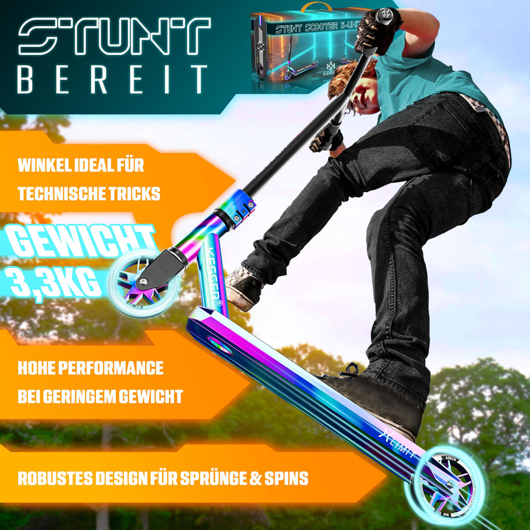 Stunt Scooter 360° Lenkung Aluminium 110mm PU-Räder ABEC 9 mit Ständer - Bild 4