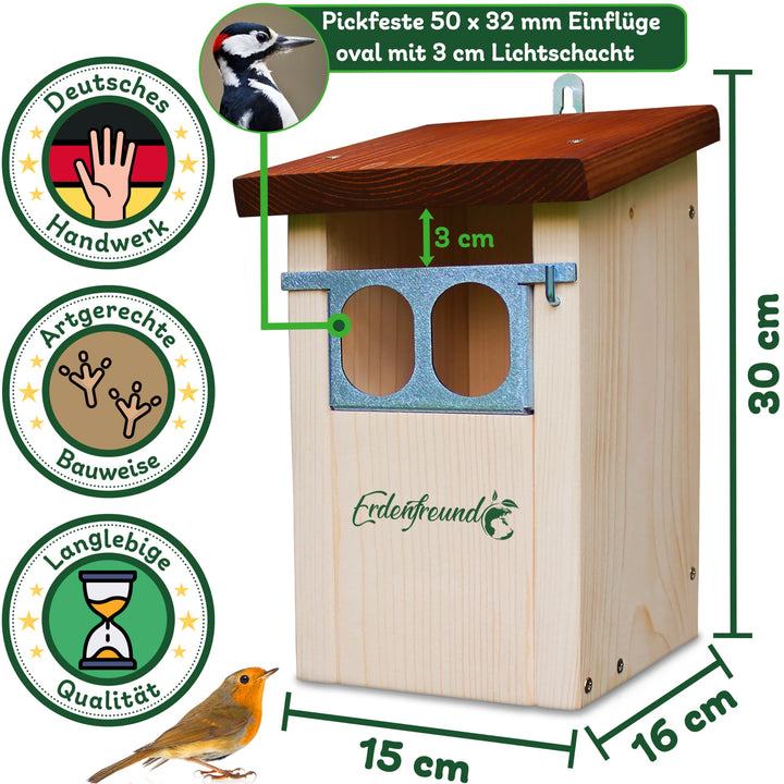 Nistkasten Rotkehlchen Rotschwänzchen Massivholz mit Marderschutz - Bild 3