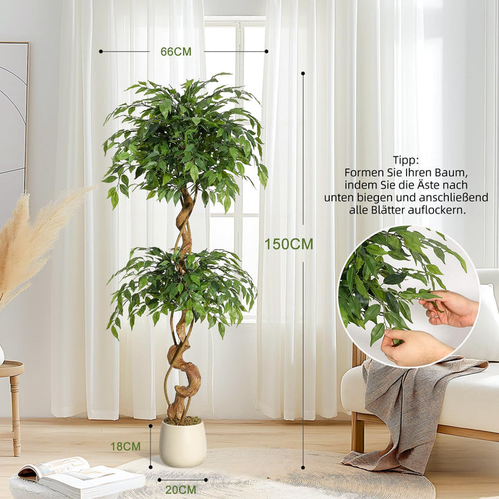 Kunstpflanze Ficus Baum 150 cm mit Seidenblättern im weissen Topf - Bild 2