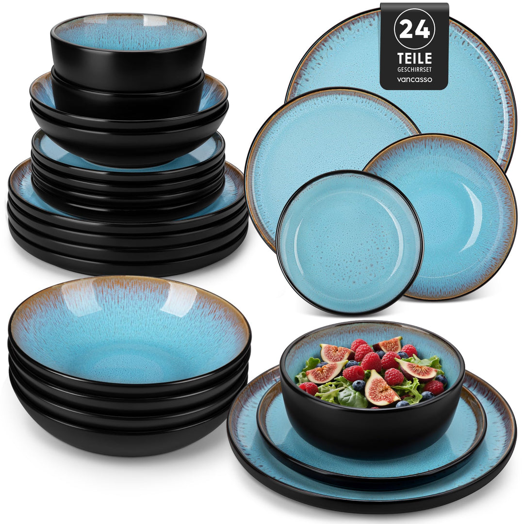 Tafelservice 24-teilig Steingut reaktive Glasur Seeblau 6 Personen