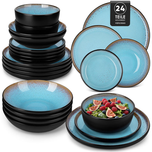 Tafelservice 24-teilig Steingut reaktive Glasur Seeblau 6 Personen