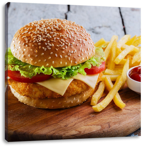 Leinwandbild Chickenburger mit Pommes quadratisch 70x70 cm
