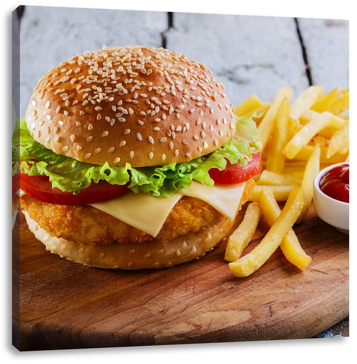 Leinwandbild Chickenburger mit Pommes quadratisch 70x70 cm