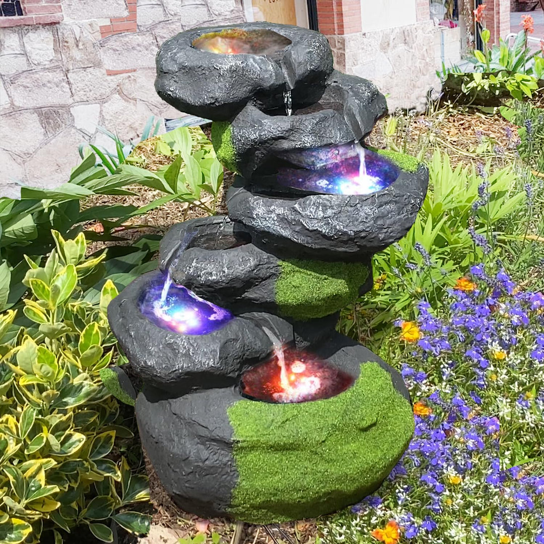Kaskadenbrunnen Fels-Optik mit RGB-LED-Beleuchtung und Pumpe 64 cm