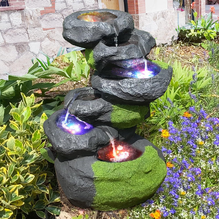 Kaskadenbrunnen Fels-Optik mit RGB-LED-Beleuchtung und Pumpe 64 cm