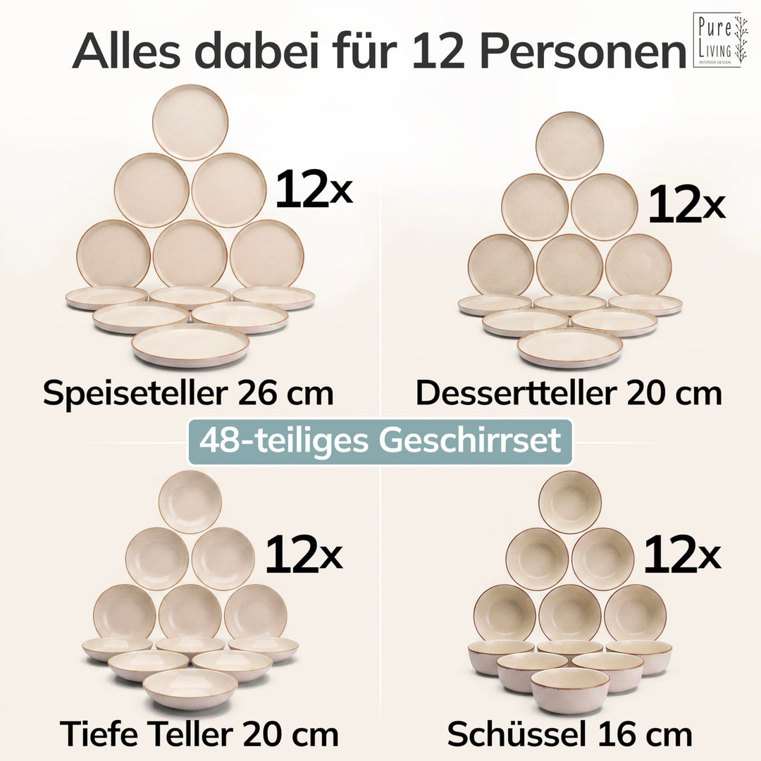 Steingut Geschirrset 48-tlg. für 12 Personen Landhaus-Stil Beige - Bild 5
