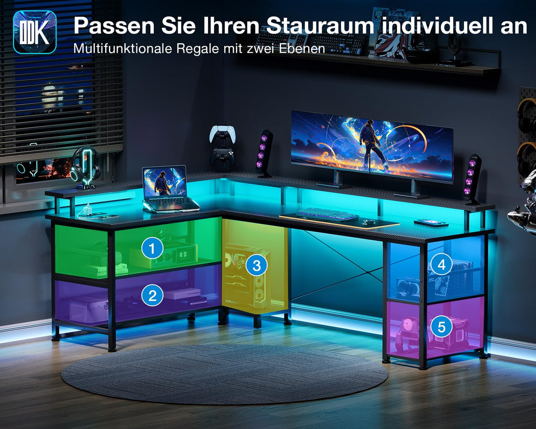 Gaming Schreibtisch L-Form LED 168x120cm mit Steckdosen USB Kohlefaser - Bild 4