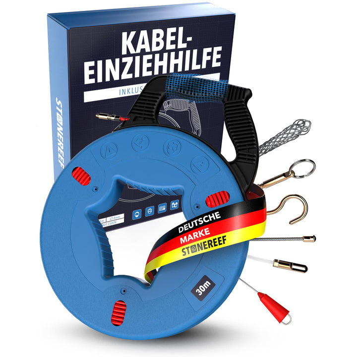 Kabeleinziehhilfe Fiberglas 30 m mit 5 Aufsätzen für Leerrohr