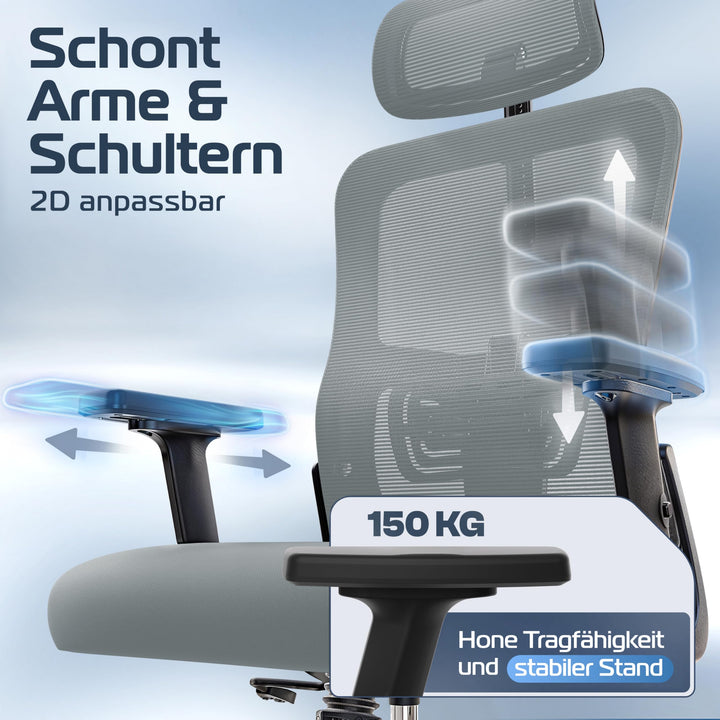 Bürostuhl Ergonomisch Mesh 150 kg bis 190 cm mit Lordosenstütze - Bild 3