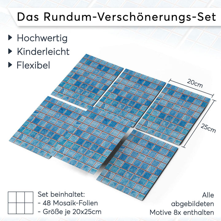 Fliesensticker Mosaik Blau Vinyl selbstklebend 20x25 cm 48er-Set - Bild 7