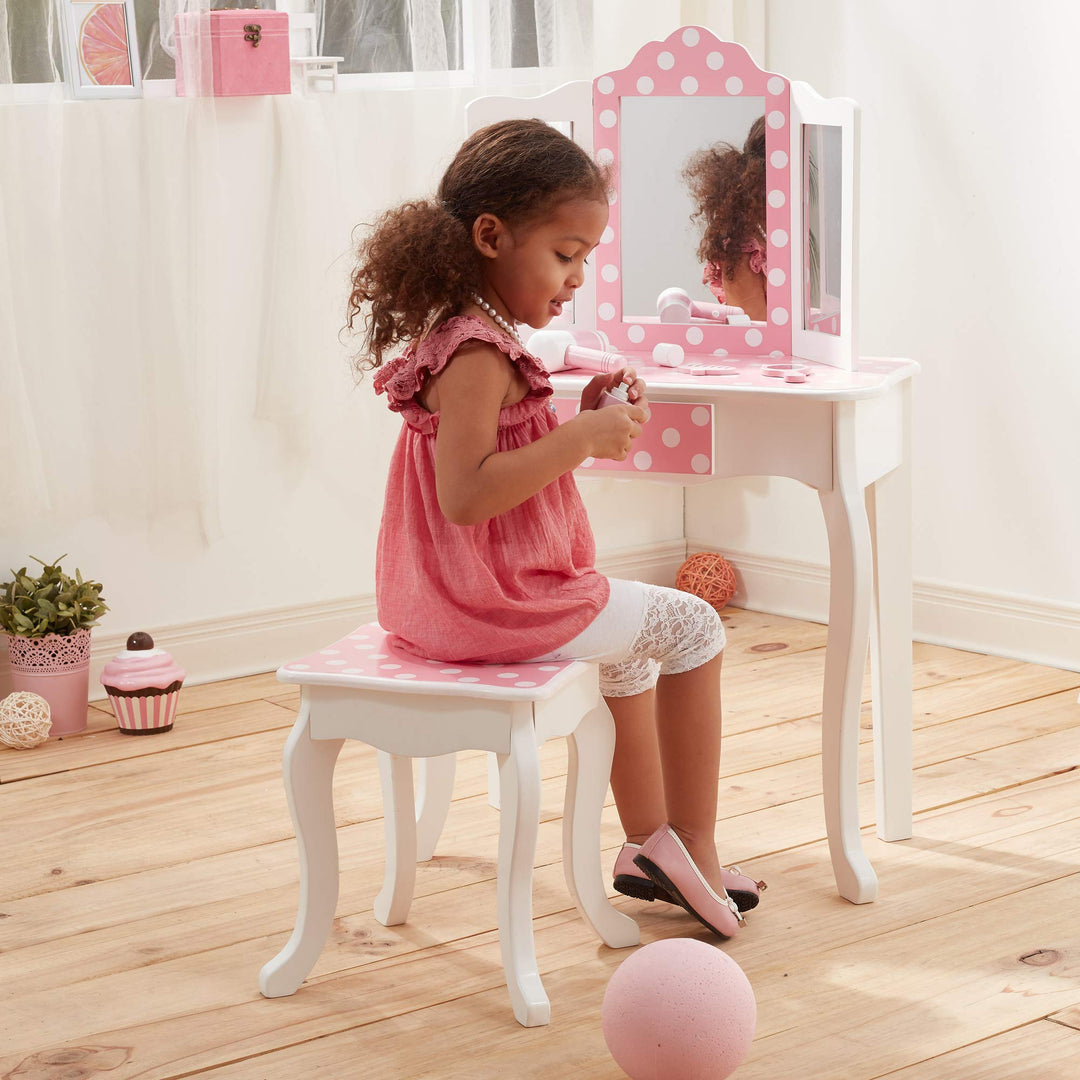 Kinder-Schminktisch mit Klappspiegel und Hocker Rosa-Weiss - Bild 8