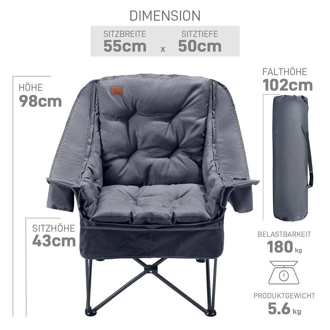 Campingstuhl Faltbar 2-in-1 mit 6cm Polsterung 180kg XXL grau - Bild 8
