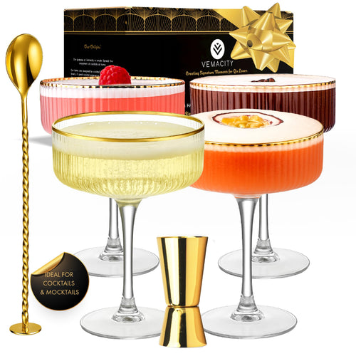 Cocktailgläser Set 4er geripptes Glas 300ml mit Goldrand & Zubehör
