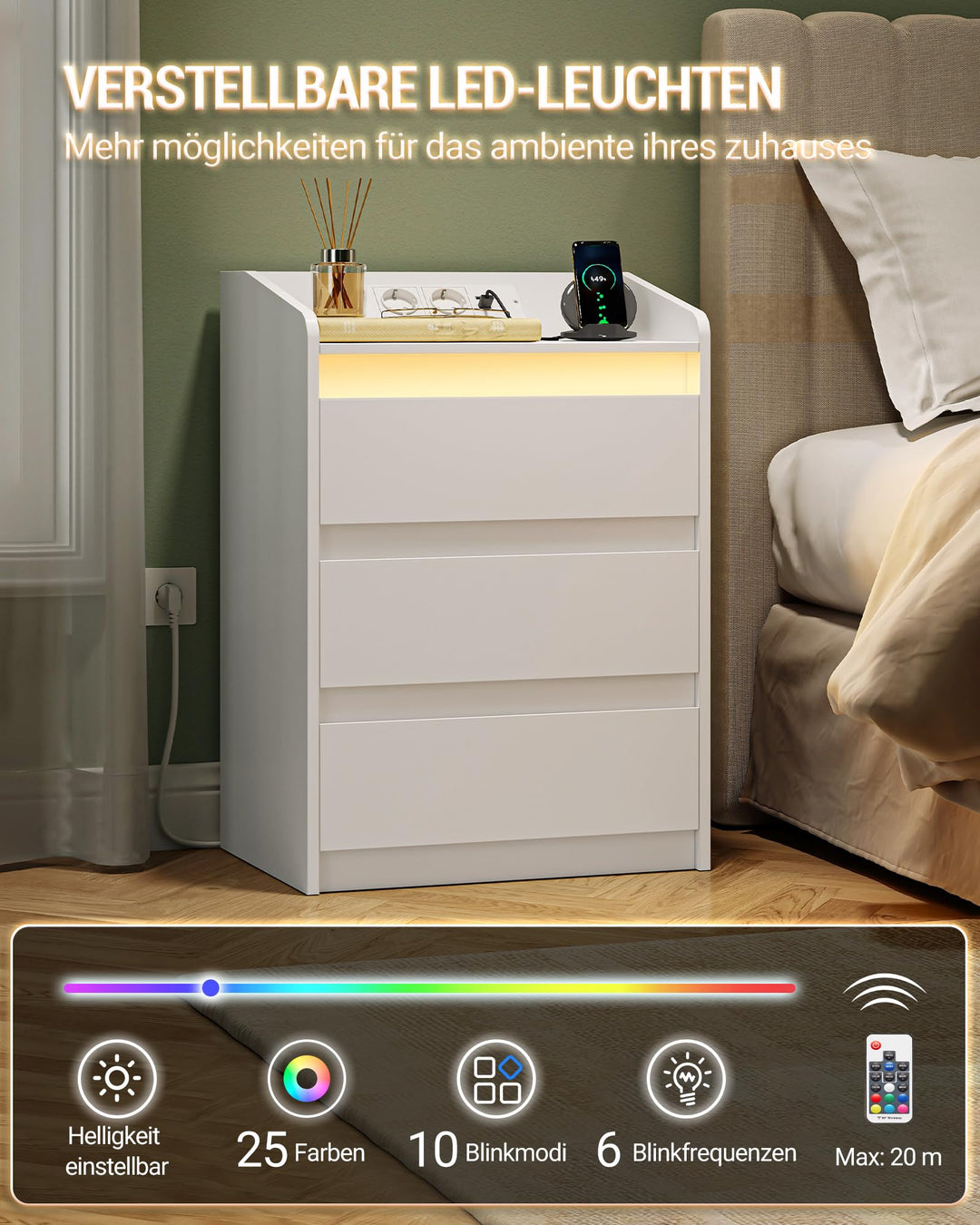 Nachttisch 3 Schubladen mit LED-Licht und USB-Ladestation 2er Set - Bild 4
