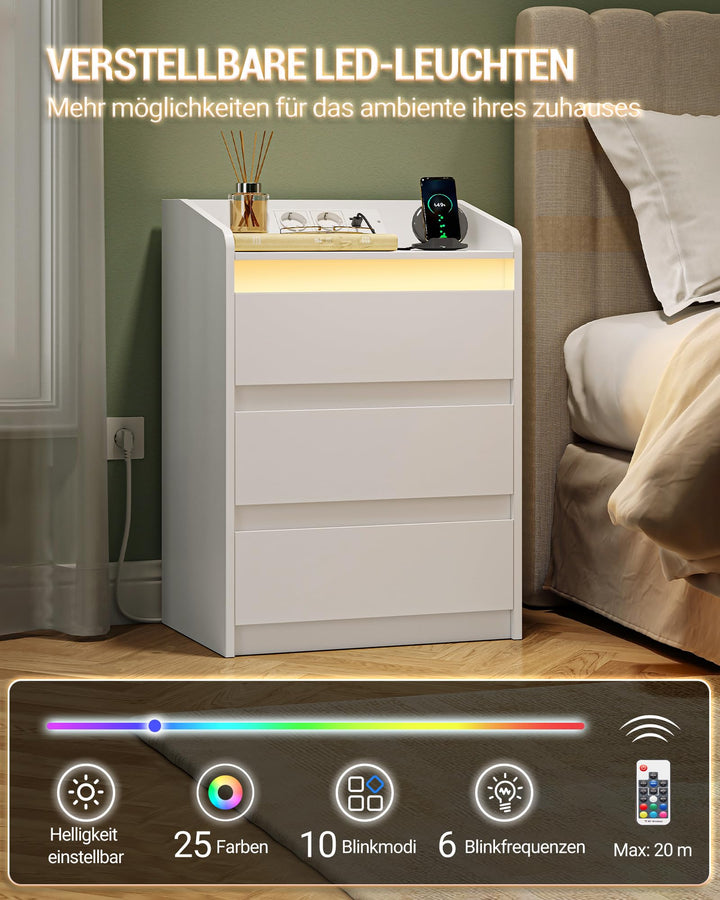 Nachttisch 3 Schubladen mit LED-Licht und USB-Ladestation 2er Set - Bild 4