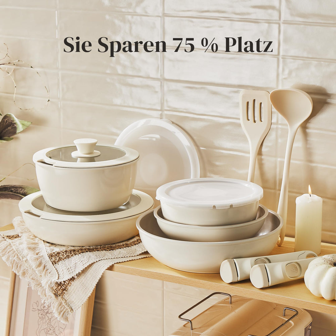 Kochgeschirr-Set 16-teilig Keramik Antihaft mit abnehmbaren Griffen stapelbar - Bild 4