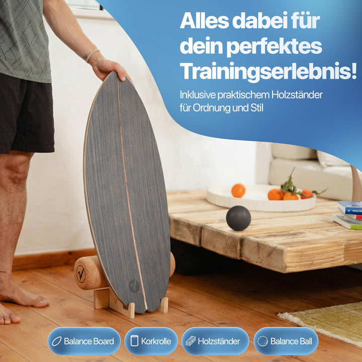 Balance Board Holz mit Korkrolle, Halterung und Trainingsball Stone Grey - Bild 5