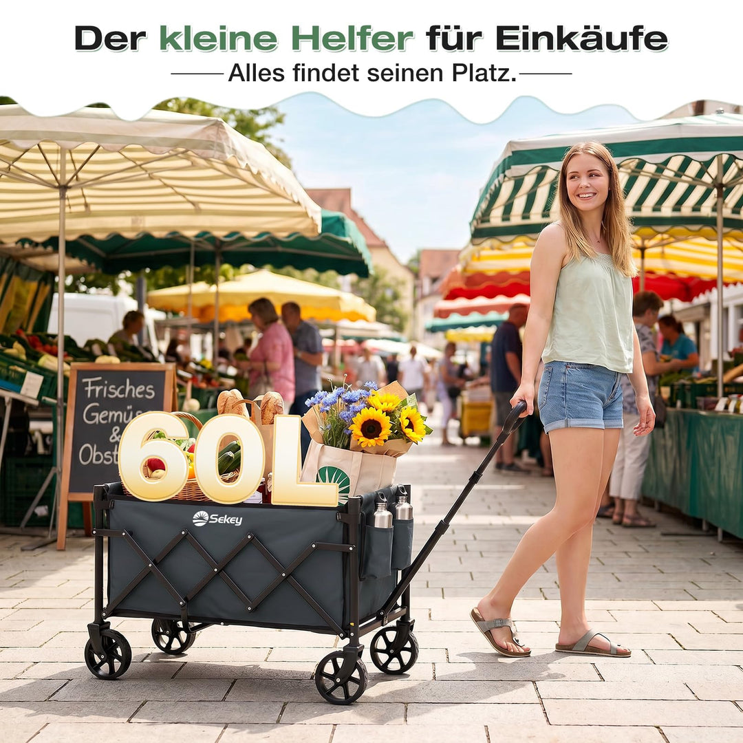 Bollerwagen faltbar 60L 80kg Tragkraft mit 360°-Rädern dunkelgrau - Bild 2
