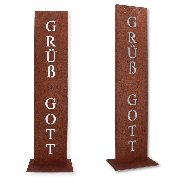 Cortenstahl Stele Grüss Gott 71 cm mit Bodenplatte Haustür Deko - Bild 2