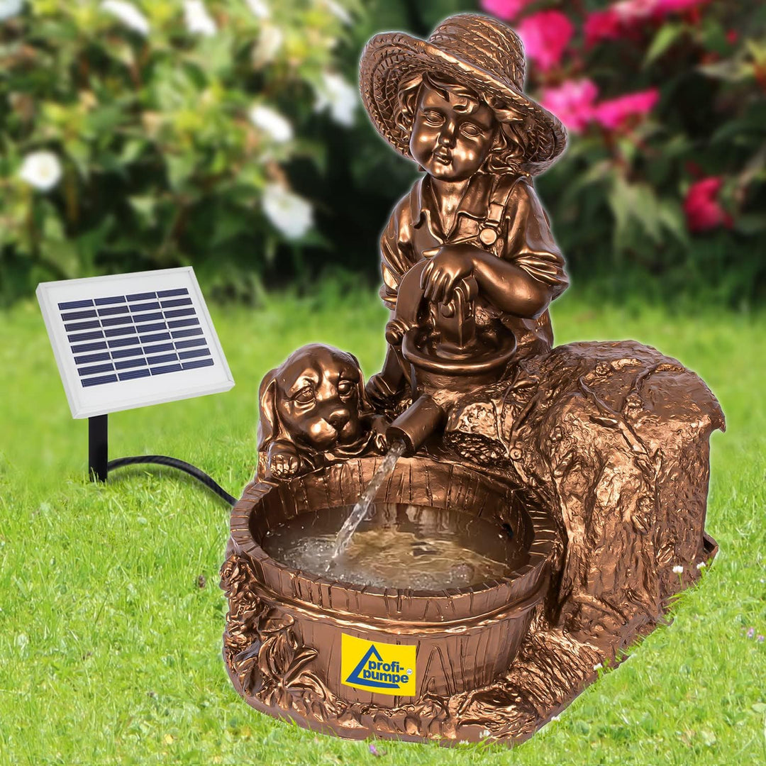 Solar-Gartenbrunnen Junge mit Hund Polyresin Kupferoptik 50cm Teich