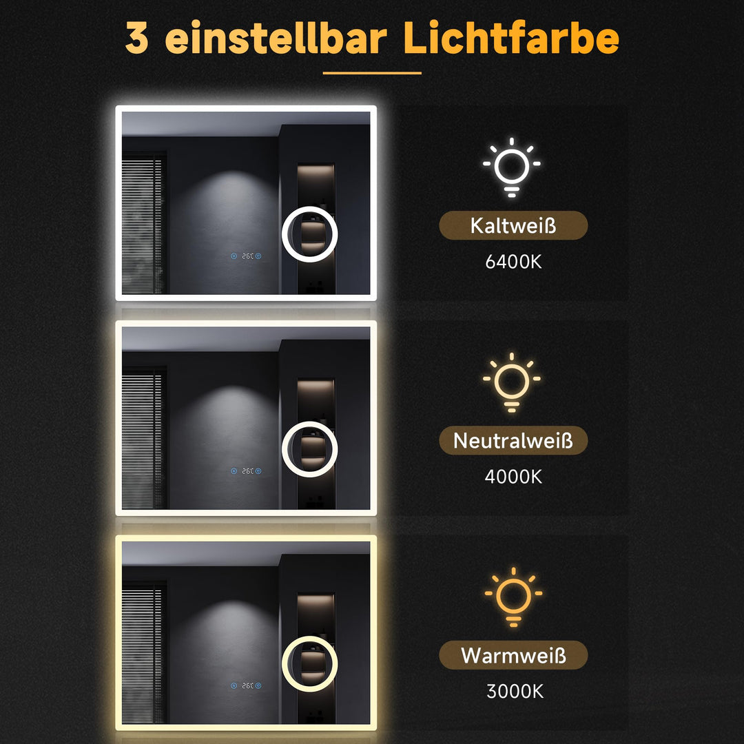 Badspiegel mit LED-Beleuchtung 80x60 cm Uhr Temperatur Antibeschlag - Bild 2