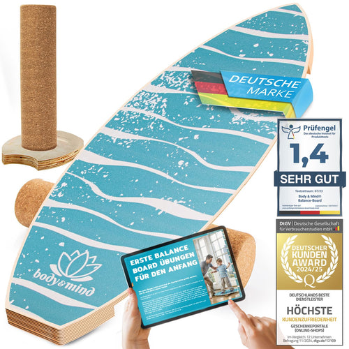 Balance Board Holz 78x30cm mit Korkrolle, Ständer & eBook
