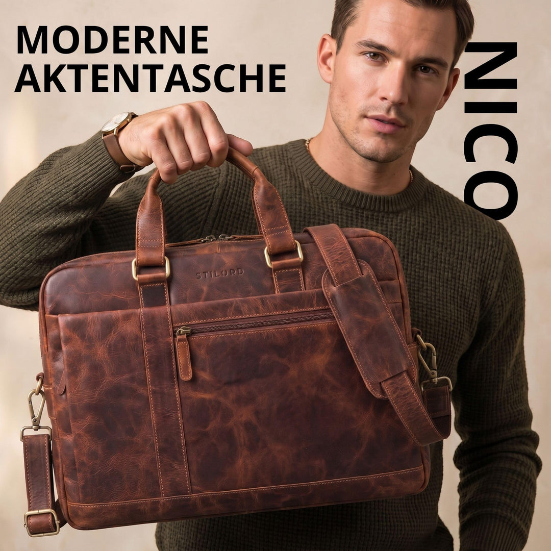 Leder Laptoptasche 15.6 Zoll Vintage Umhängetasche Cognac - Bild 10